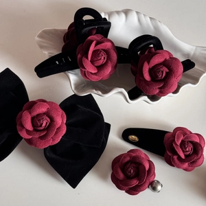 Damascus red rose hair claw and black velvet bow set with gold Love metal plates
