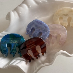 Set of five elegant acetate hair claws in various colors displayed in a decorative shell tray