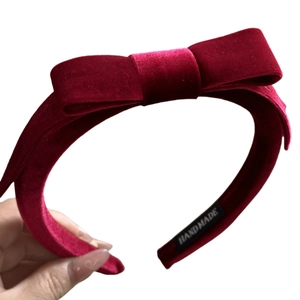 Elegant red velvet bow headband with high crown design and handmade interior label
