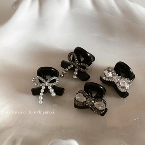 French Elegant Mini Hair Claw Clips Bow Shape Black Resin With Rhinestone And Artificial Pearl Hair Accessories For Women