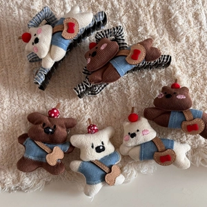 Cute plush bear hair claw clips in brown and beige corduroy fabric for women and girls