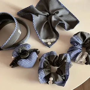 Vintage Gray Plaid Fabric Scrunchies Lace Hair Ties Headband Heart Hair Claw Clips Bow Hair Accessories For Women