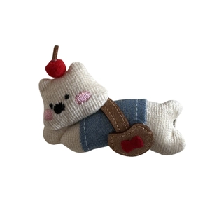 Adorable white cartoon puppy plush hair claw clip with cherry decoration and blue outfit