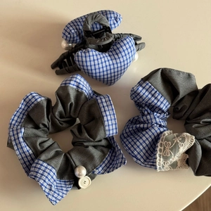 Sweet grey and blue plaid hair scrunchie set with lace and heart claw clip accessories