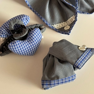 Blue plaid and grey fabric hair scrunchie set with lace trim and heart-shaped claw clip