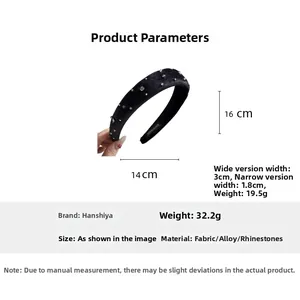 Detail view of black velvet headband with sparkling silver rhinestones and handmade inner lining