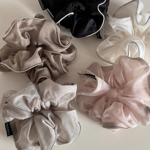 5-piece set of elegant organza scrunchies in pastel tones with silver rolled edges