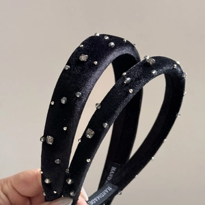Elegant black velvet headband with sparkling crystals and handmade rhinestone detailing