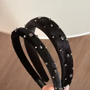 Vintage Black Velvet Padded Headband With Rhinestones Handmade Luxury Hair Hoop Fashion Hair Accessories For Women