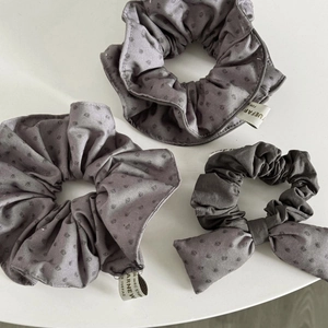 Three-piece set of gray vintage double-layered scrunchies with polka dot pattern