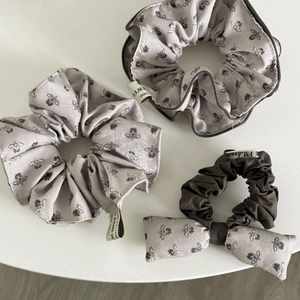 3-piece set of grey vintage floral scrunchies and bow hair tie for bun hairstyles