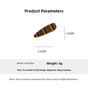 Detailed size and material guide for colorful rainbow stripe teardrop hair clip