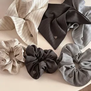 Large Korean Stripe Hair Scrunchie And Square Scarf With Metal Heart Charm Elegant Hair Accessories For Women Daily Casual