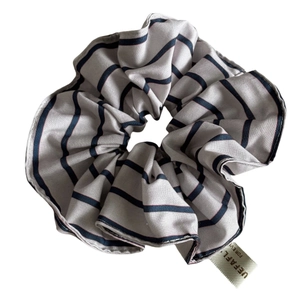 Retro oversized striped scrunchie hair tie with label detail in grey and navy blue fabric