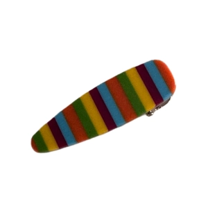 Rainbow striped waterdrop hair clip with colorful velvet texture on a metal alligator base