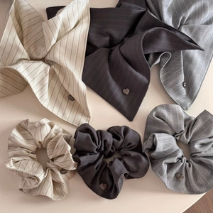 Striped heart oversized scrunchie and scarf set in elegant beige and grey tones