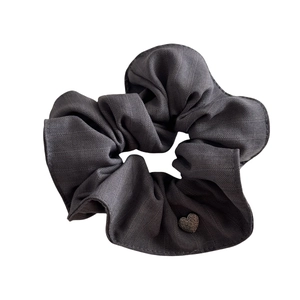 Dark grey twill fabric scrunchie with small heart charm for women elegant hair accessory