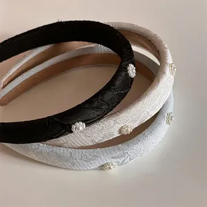 Padded Sponge Headband With Artificial Pearl Flower Embroidery Jacquard Fabric Vintage Elegant Hair Band For Women Hair Accessories
