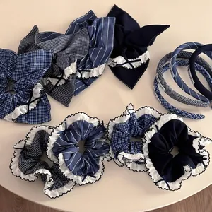 Women Navy Blue Plaid Striped Fabric Scrunchies Headbands Set With Bowknot Ruffle Korean Sweet Daily Hair Accessories