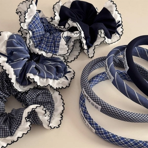 Blue plaid scrunchie and headband set with gingham patterns and hello smiley face tag