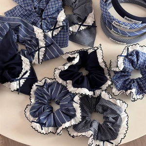 Blue checkered scrunchie and headband set with ruffled edges and bows for women