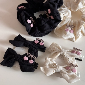 Floral embroidery hair scrunchies and bow clips with cute pink cherry patterns
