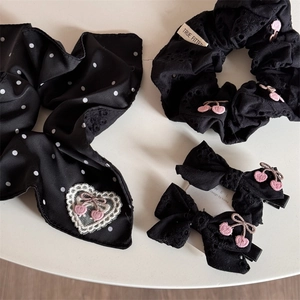 Floral embroidery scrunchie and bow hair clips set with pink cherry details in black
