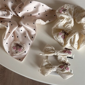 Floral embroidery cherry scrunchie and lace bow clip set for women hair accessories