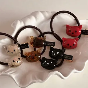 Chouchou Tête de Chat Mignon en Acétate Couleur Gelée Élastique Cheveux Fait Main Pince à Cheveux Chat Dessin Animé pour Femmes Filles