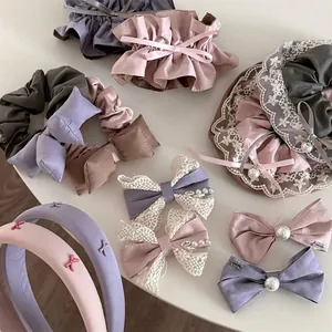 Dreamy Purple Pink Lace Bow Hair Scrunchies Satin Ruched Hair Ties Artificial Pearl Clips Headband For Women Accessories