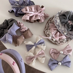 Pastel pink and purple satin lace bow scrunchies and headbands hair accessories set