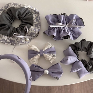 Pastel lavender lace scrunchie set with pearl bow clip and ribbon hair accessories
