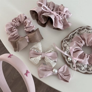 Pink and mocha lace bow scrunchies and headband set with elegant pearl accents
