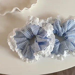 Chouchou en Tissu à Rayures Bleues Avec Bordure en Dentelle Blanche Style Preppy Bandeau Élastique Support de Queue de Cheval Femme Fille