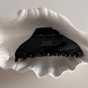 Détail de la pince à cheveux en acétate noir avec texte doré Barrette La France