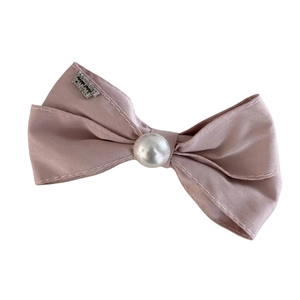 Pink satin bow hair scrunchie with large pearl and France handmade metal tag label