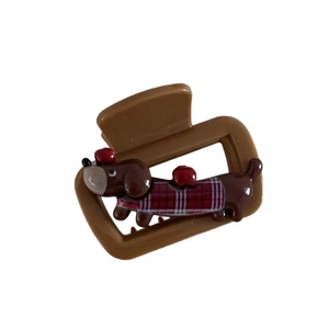 Cute brown dachshund dog hair claw clip with red plaid coat and apple pattern