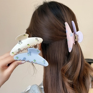 Pince à Cheveux Requin en Acrylique Floral Grande Élégante Style Coréen Imprimé Fleurs Fraîches Accessoire Cheveux