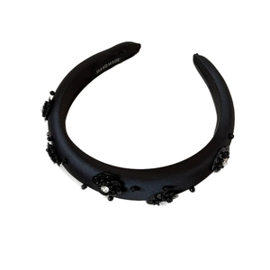 Elegant black sequin flower headband with rhinestones for high cranial top hairstyle