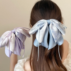 Élégante Grande Pince à Cheveux Nœud en Satin Avec Long Gland de Ruban Dégradé Tie-Dye Douce Pince Crabe pour Coiffure Femme