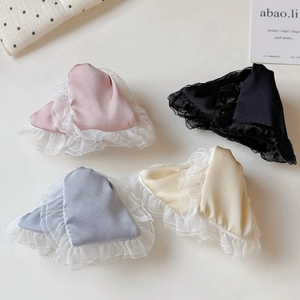 Elegant satin hair clips with lace trim in pink, black, blue, and cream for women