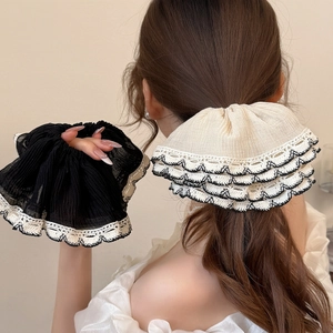 Élégant Chouchou en Dentelle Français Surdimensionné Tissu Plissé Élastique Cheveux Vintage Doux Bandeau pour Femme Queue de Cheval