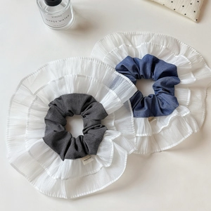 Elegant oversized lace scrunchie set in charcoal and navy with white ruffled edges