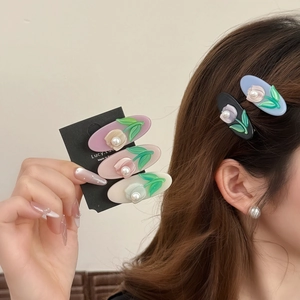 Summer Floral Embossed Artificial Pearl Acetate Oval Hair Clip Jelly Color Duckbill Clip Cute Tulip Hair Pin Women Girls Accessory