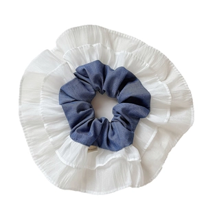 Elegant large layered scrunchie with blue denim inner and white layered lace mesh trim