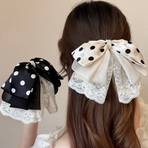 Eleganter Polka-Dot-Bogen-Haarkrebs-Clip Mit Spitze Und Imitationsperlen-Dekoration Französischer Retro Großer Haarklammer Für Damen