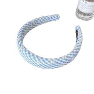 Blue and white plaid headband with flower embroidery and anti-slip lining