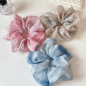 Three-piece set of gradient chiffon scrunchies in pink, blue, and gray colors