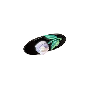 Floral relief acetate oval hair clip in jelly purple with white pearl and green leaf detail