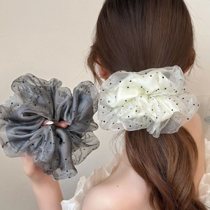 Korean Style Elegant Polka Dot Mesh Scrunchie Fashion Double Layer Pleated Hair Tie For Women Sweet Commuting Hair Accessories